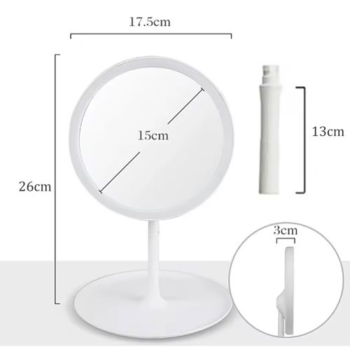Sminktükör tárolótalppal, hordozható, újratölthető, kozmetikai tükör, 3 színű lámpával és állvánnyal, állítható fényerővel