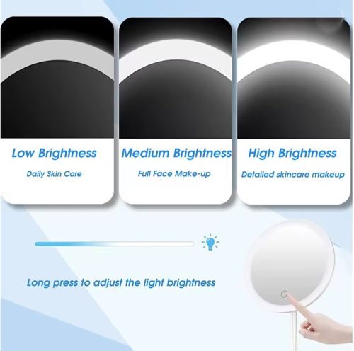 Sminktükör tárolótalppal, hordozható, újratölthető, kozmetikai tükör, 3 színű lámpával és állvánnyal, állítható fényerővel