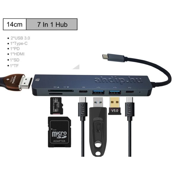 USB-C multifunkciós dokkolóállomás  USB-C-ről HDMl+SD/TF+USB x 2+USB-C+PD dokkolásra 