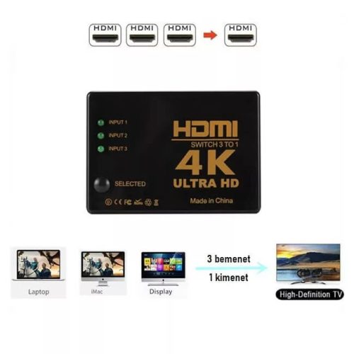 4K HDMI elosztó 3 bemenettel és távirányítóval
