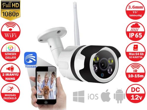 1080P FULL HD 3.6mm Wifi IP kültéri megfigyelő kamera, éjjel színes, vízálló, kétirányú hanggal, P2P protokollal