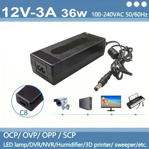 AC/DC 12V-3A 36W asztali hálózati-adapter, 5,5x2,1mm Jack dugó, biztonsági kamerákra, LED szalagra 