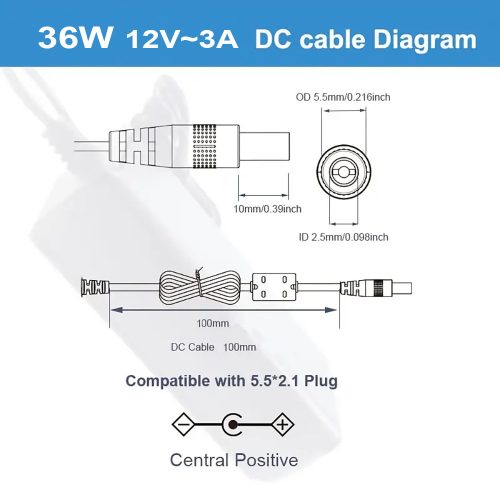 AC/DC 12V-3A 36W asztali hálózati-adapter, 5,5x2,1mm Jack dugó, biztonsági kamerákra, LED szalagra 
