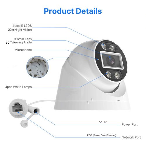 4MP IP PoE fix 3.6mm lencsével beltéri Turret biztonsági kamera mikrofonnal, hibrid INFRA LED-el