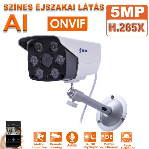 5MP, 3.6mm, AI, IP, POE, hibrid IR +fehér fényű LED, ONVIF, kültéri/beltéri biztonsági kamera