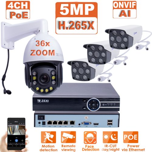 5MP 4 kamera Mix kamera IP Poe rendszer 1speed DOME 36X zoom +3 fix csö kamera