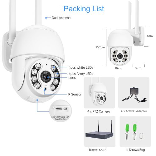 4 forgatható 3MP vezeték nélküli WIFI megfigyelő kamera készlet 