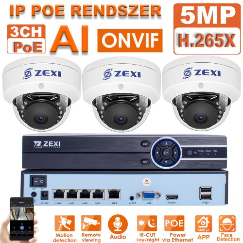 3 DOME kamerás 5MP IP POE biztonsági rendszer 