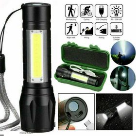   Mini zseblámpa USB újratölthető taktikai zseblámpa zoom lámpa, XPE COB LED 3 világítási mód
