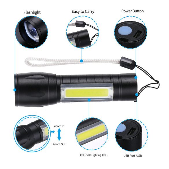 Mini zseblámpa USB újratölthető taktikai zseblámpa zoom lámpa, XPE COB LED 3 világítási mód