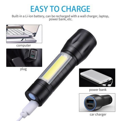 Mini zseblámpa USB újratölthető taktikai zseblámpa zoom lámpa, XPE COB LED 3 világítási mód