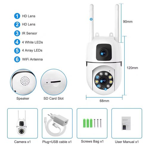 6MP mini dupla lencsés biztonsági kamera, színes éjjellátó, vezeték nélküli intelligens kamera, 360 fokos panoráma wifi IP kamera