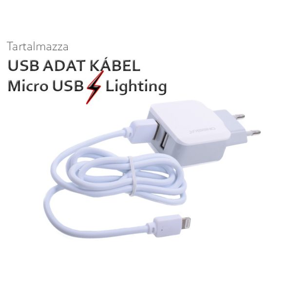2.1A Hálózati töltő adapter 2 USB csatlakozóval , választható adatkábellel MICRO-USB / LIGHTNING 