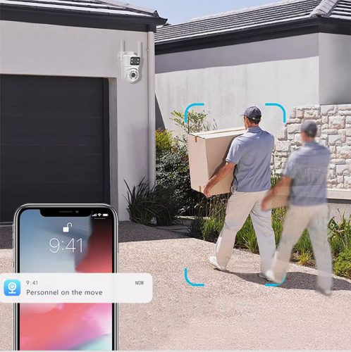 Kültéri wifi-s biztonsági kamera dupla lencsével - 360°-os kétirányú hang- és mozgásérzékelő, teljes színű éjjellátó PTZ-vel